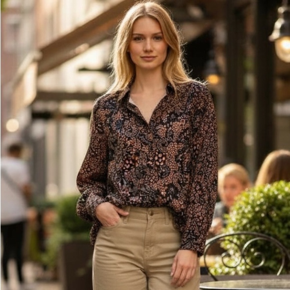 Abstract Lace Print Long Sleeve Mock Neck Top | Artful Statement Blouse